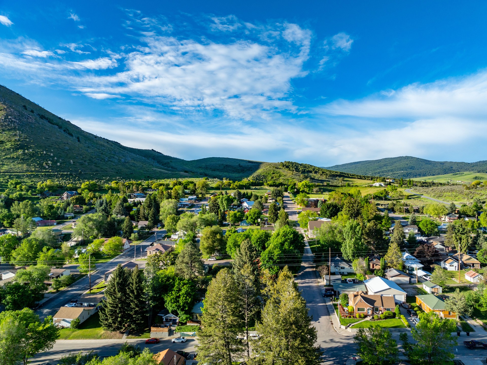 The view of Lava Hot Springs town and Highway 30 in eastern Bannock County, Idaho, USA