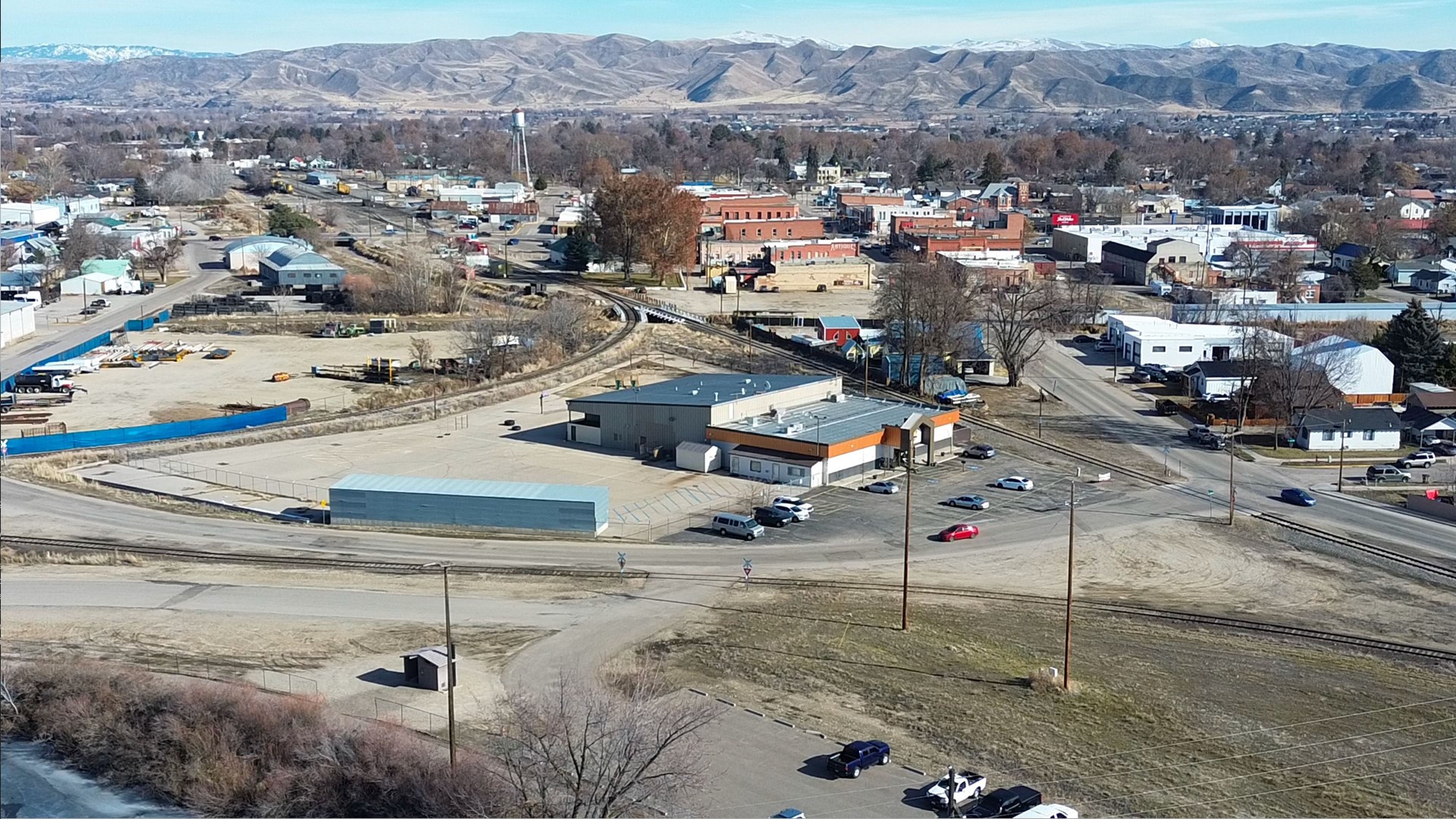 Aerial view of the Emmett Idaho Canal and Main Street in Emmett, Idaho